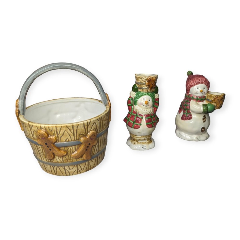 Holiday Time Ceramic Centerpiece Set w/ Snowmen & Gingerbread Basket